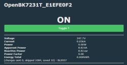 OpenBK7231T energy monitoring system interface with an on button and displayed electrical parameters.