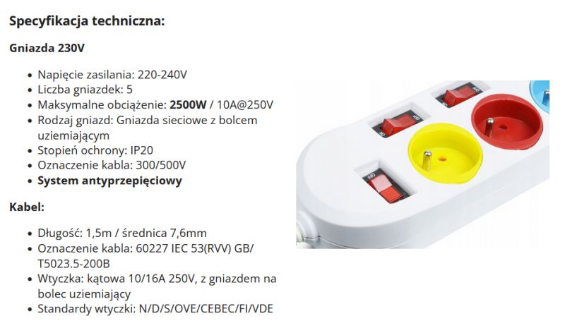 Interlook BA-3505-WHITE Power Strip - Specifications and Appearance Power strip with five colorful sockets and technical specifications