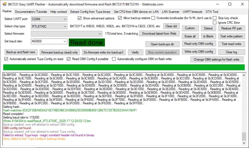 Screenshot of BK7231 Easy UART Flasher showing read completed and Tuya Config extraction error