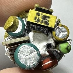 Close-up of electronic components from the inside of an LED bulb.