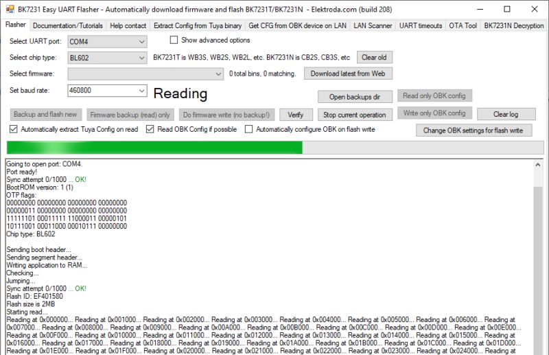 BK7231 Easy UART Flasher interface reading flash memory of BL602 via COM4 port.