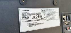 Nameplate of Toshiba TV 43LA2063DG Nameplate of Toshiba TV model 43LA2063DG with technical information and warning labels.