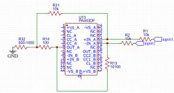 Schematic with PA443DF op-amp, 10 kΩ resistors, and 500–1000 Ω load in a Howland pump setup