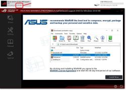 Zrzut ekranu instalatora ASUS ROG z oknem WinRAR i widoczną stacją CD (E 3,76 GB