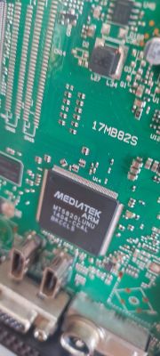 Close-up of a Vestel 17MB82S motherboard with a MediaTek ARM chip.