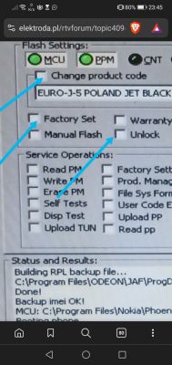 Zrzut ekranu oprogramowania serwisowego z zaznaczeniem opcji Change product code, Factory Set, Manual Flash i Unlock.