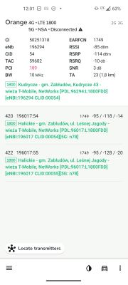 Zrzut ekranu z aplikacji NetMonster pokazujący szczegóły połączenia LTE 1800 MHz sieci Orange oraz wykryte pobliskie stacje bazowe T-Mobile.