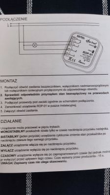 Podłączenie włącznika Zamel ROP-01 - kable żółto-zielony, brązowy, niebieski