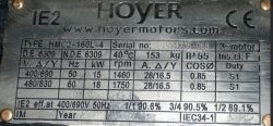 Hoyer 15 kW Motor Nameplate Hoyer motor nameplate with technical specifications.