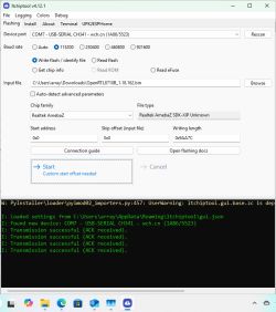 Screenshot of ltchiptool v4.12.1 with the start address set to 0x0 for a Realtek AmebaZ device.