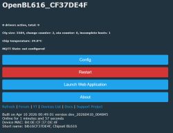 Screenshot of the OpenBL616 panel with Config, Restart, and Launch Web Application buttons