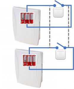 Schemat połączenia elektrycznego przedstawiający dwa przyciski i dwa urządzenia.