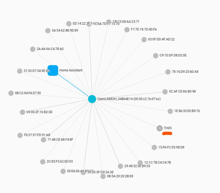 Network graph with central node “OpenLN882H…” linked to “Home Assistant” and many MAC-address nodes