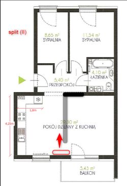 Plan mieszkania z zaznaczonym miejscem montażu klimatyzatora typu split na ścianie między salonem a kuchnią.