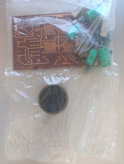 Zestaw elementów elektronicznych w woreczku: płytka PCB, kondensatory, przewody i moneta na dole
