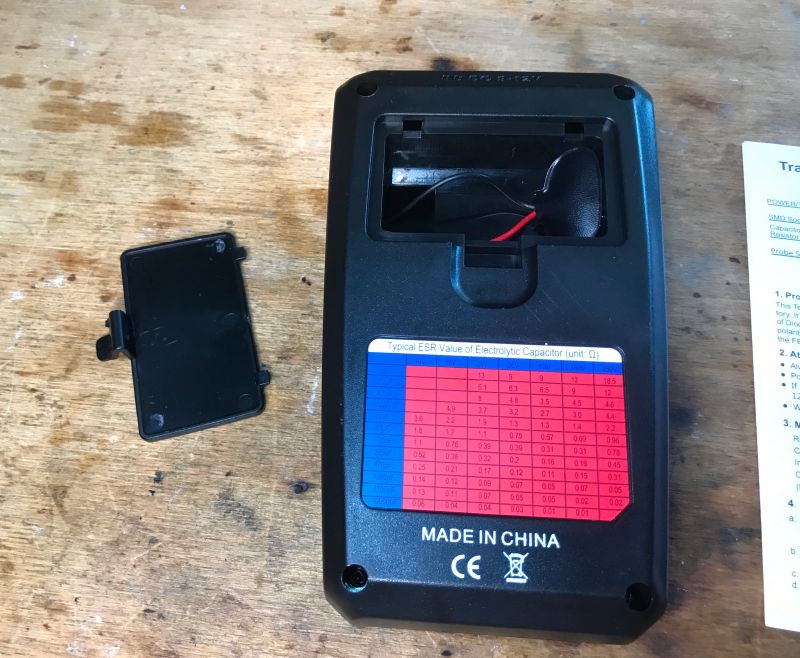 Back of the BSIDE ESR02 Pro Tester Back of the BSIDE ESR02 Pro component tester with an open battery compartment.