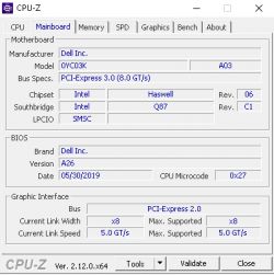 Zrzut ekranu programu CPU-Z pokazujący szczegóły płyty głównej, BIOS-u i interfejsu graficznego.