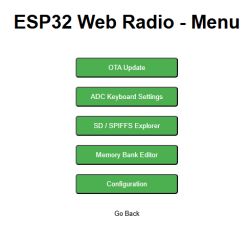 Main menu of the ESP32 Web Radio interface with five green option buttons and a Go Back link at the bottom.