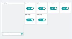 Arduino Cloud dashboard for cookie jar alarm project Screenshot of the Arduino Cloud dashboard with six toggle switches and a message field visible.