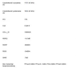 Zrzut ekranu ukazujący parametry sygnału sieci 4G.