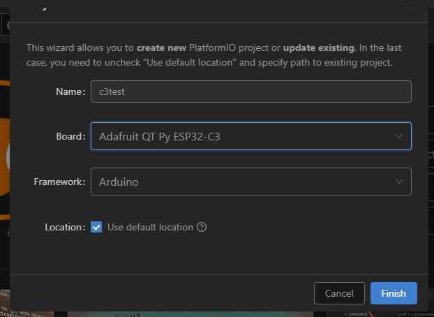 PlatformIO Wizard for Adafruit QT Py ESP32-C3 PlatformIO wizard window for creating a new project for Adafruit QT Py ESP32-C3.