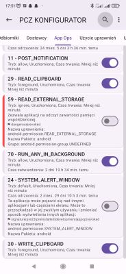 Zrzut ekranu z aplikacji PCZ KONFIGURATOR z listą uprawnień i ich stanem