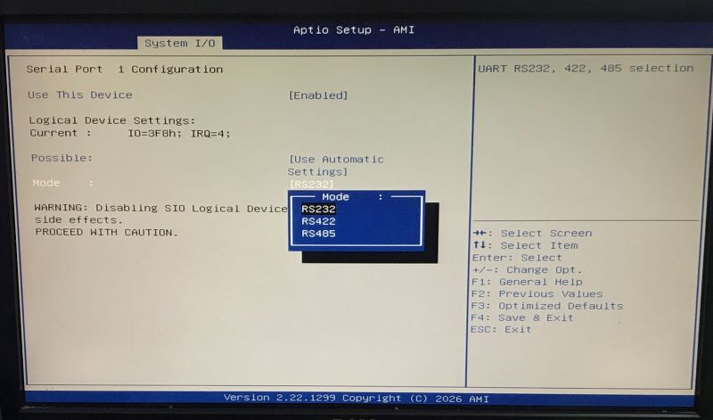 Ekran BIOS/UEFI Aptio Setup (AMI) z ustawieniami portu szeregowego i wyborem RS232/RS422/RS485