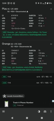 Zrzut ekranu aplikacji pokazującej parametry sieci LTE operatorów Play (1800 MHz) i Orange (2100 MHz) w miejscowości Rowiska i Kąty, gm. Korytnica.