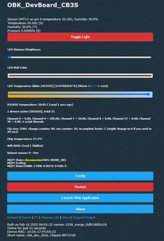 Screenshot of the OBK_DevBoard_CB3S interface showing temperature and humidity data.