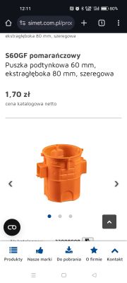 Pomarańczowa puszka podtynkowa S60GF o głębokości 60 mm z opisu produktu w sklepie internetowym.