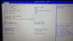 Zrzut ekranu z ustawień BIOS pokazujący informacje o systemie, wersji BIOS i procesorze.