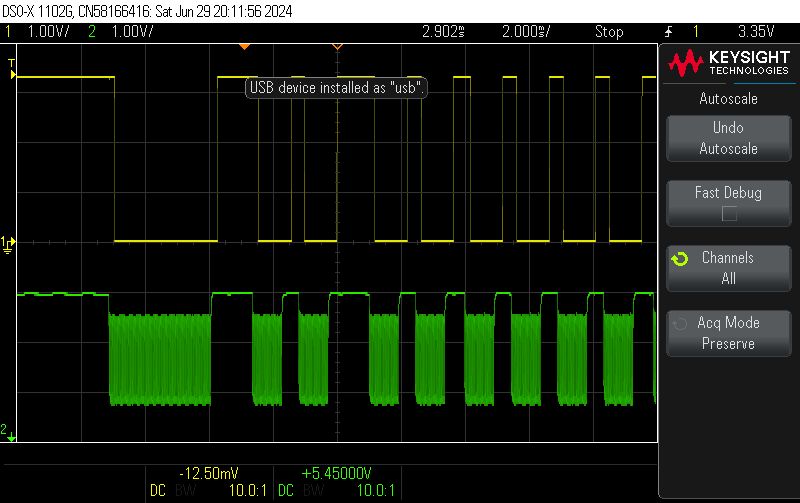 IR Signal Waveform on Oscilloscope Oscilloscope view with green and yellow IR signal waveforms.