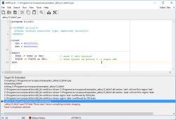 Zrzut ekranu programu AVRPascal z błędem kompilacji kodu dla mikrokontrolera ATTiny13.