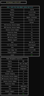 Zrzut ekranu z ME Analyzer pokazujący dane CSE ME i Power Management Controller dla pliku BIOS.