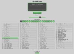 ESP32 Web Radio webpage with radio station list, volume slider, and bank selection buttons.