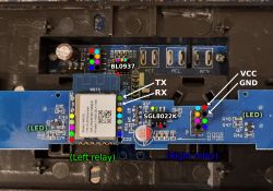 Controller board with WB3S module and relay interface pin labels Electronic module with labeled WB3S, BL0937, and SGL8022K chips and pin annotations
