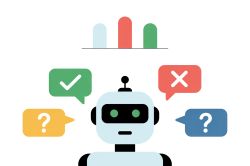 Robot z ikonami pytania, błędu i poprawnej odpowiedzi oraz wykresem słupkowym