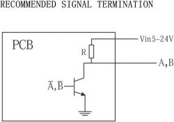 Schemat zakończenia sygnału na płytce PCB z oznaczeniem Vin 5-24V, R oraz A, B.