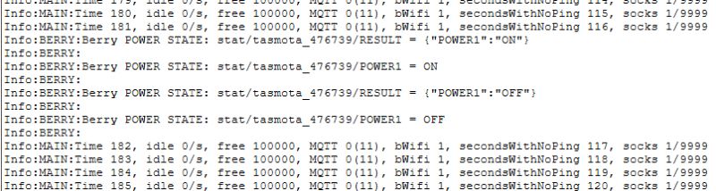 Console log screenshot showing “Info:BERRY:Berry POWER STATE” entries and MQTT topics.