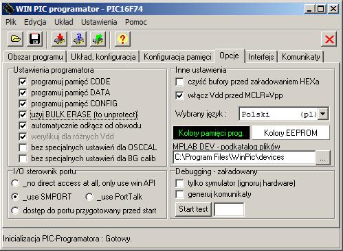 Winpic i programator COM86 - zawieszanie się podczas programowania PIC16F74