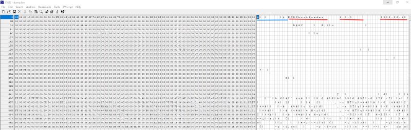 Hex editor view showing flash partition header with bootloader name