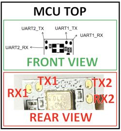 Diagram of the microcontroller top with UART labels and rear view.