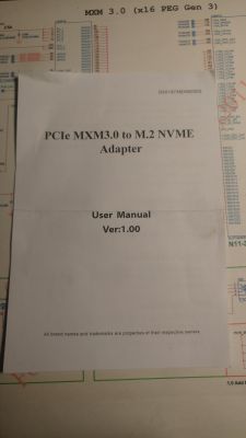 Instrukcja obsługi adaptera PCIe MXM3.0 do M.2 NVME na tle schematu.