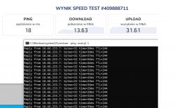 Screenshot of internet speed test results and CMD window showing ping results.