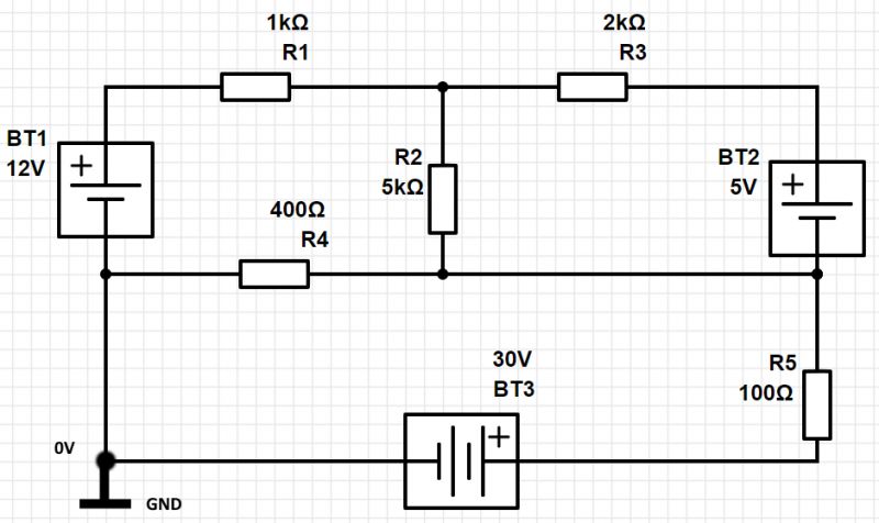 A circuit diagram with three voltage sources and five resistors.