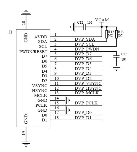 Camera connector circuit diagram with DVP signals and VCAM power