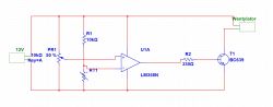 Schemat układu elektronicznego z regulacją temperatury aktywującą wentylator.