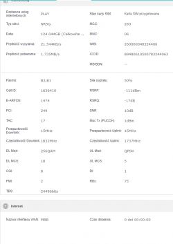 Zrzut ekranu z informacjami o sieci komórkowej NR5G od Play, pokazujący różne parametry techniczne.