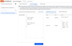 Device debugging interface on the Tuya IoT platform with a JSON editor for sending instructions.