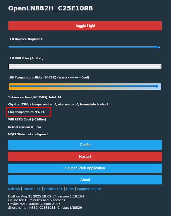 OpenBK Web Panel with Chip Temperature of 94.3°C Web interface of OpenBK firmware for LN882H WiFi module, showing LED settings and chip temperature at 94.3°C.